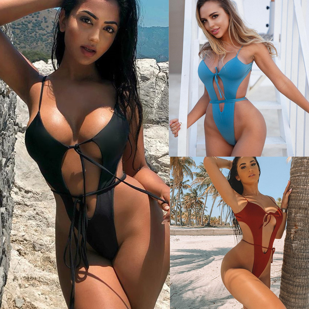 European and American new swimsuit solid color sexy strap bikini foreign trade AliExpress ebay popular women's split swimsuit