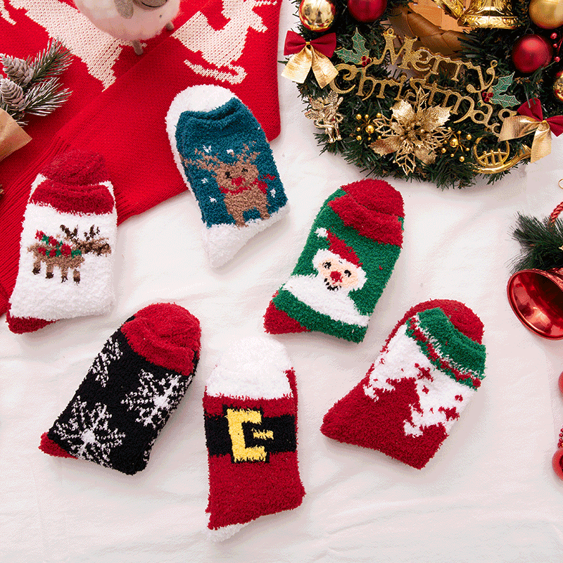 Autumn and Winter Thickened Coral Fleece Socks Warm Half Fleece Socks Towel Socks Home Cartoon Sleep Socks Thickened Christmas Socks