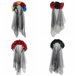 European and American Halloween Party Headband Dark Witch Dress Up Hair Accessories Red and Black Rose Flower Veil Dead Day Headbuckle