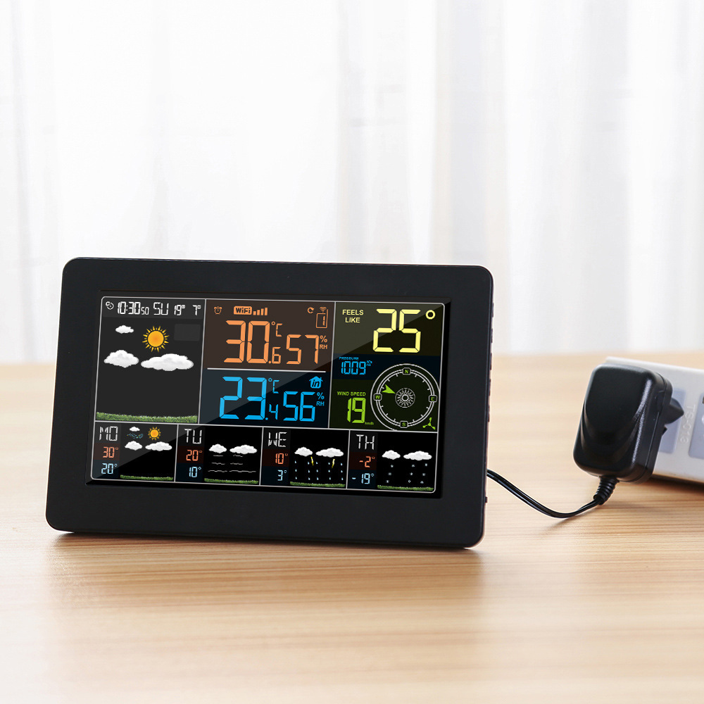 WIFI color screen multifunctional weather clock W4 weather forecast electronic alarm clock indoor and outdoor temperature humidity wind speed wall clock