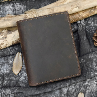 Men's Retro Genuine Leather Wallet Crazy Horse Leather Vertical Multi-Card Top Layer Cowhide Casual Wallet Short