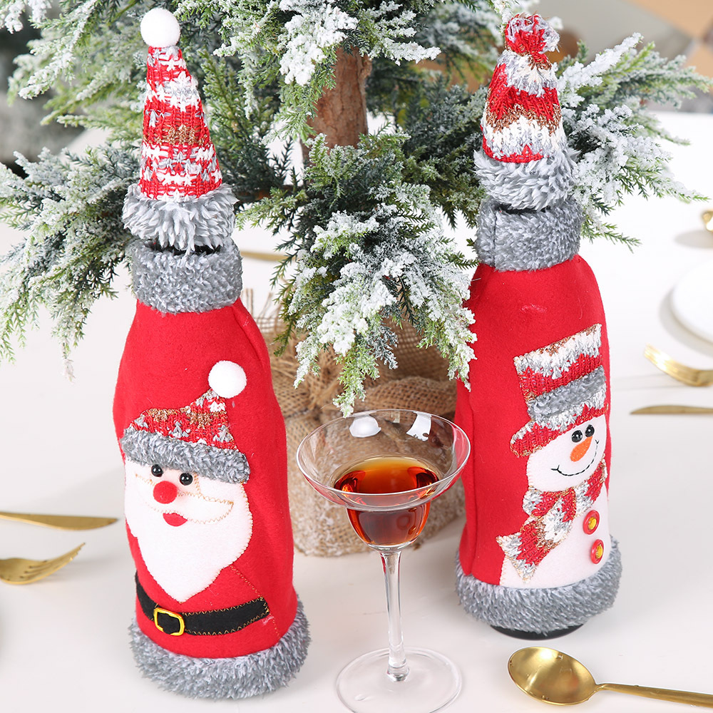 Haube Christmas gray flannel wrapping cap red wine bottle set red wine bag champagne decoration_voghion.com