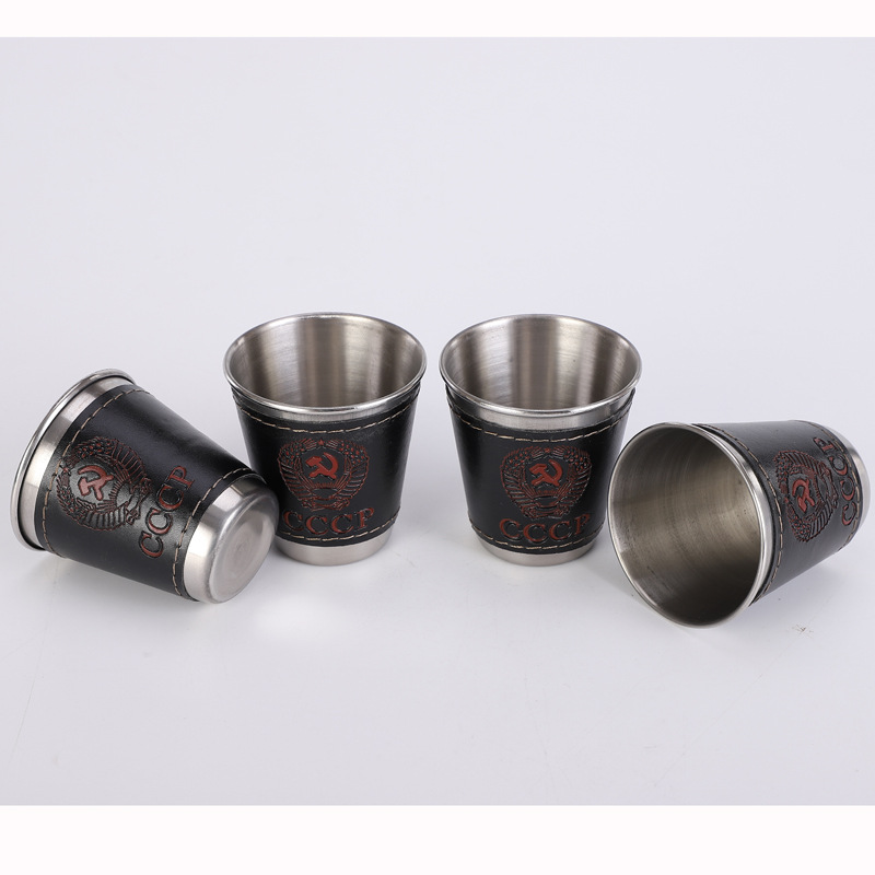 Factory supply 70 ml veneer stainless steel wine glass bag leather small wine glass metal wine small wine cup