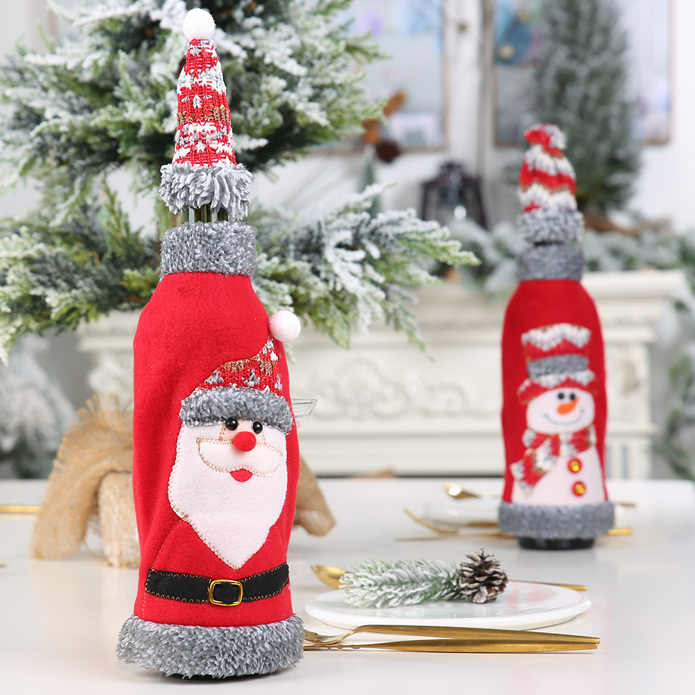 Haube Christmas gray flannel wrapping cap red wine bottle set red wine bag champagne decoration_voghion.com