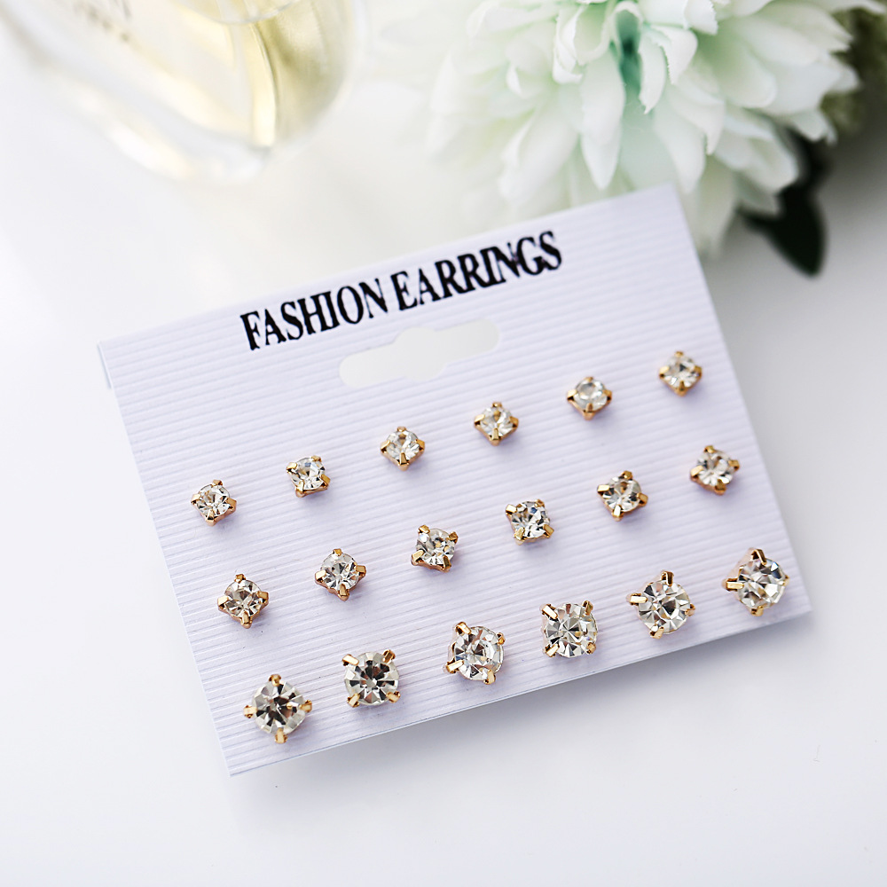 Europe and the United States cross-border new inlaid four-claw zircon earrings set 9 pairs of creative retro minimalist earrings wholesale