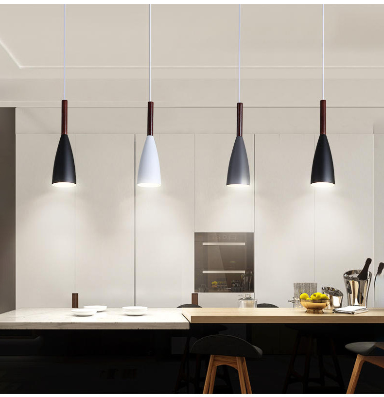3 LED macaron color chandelier post-modern Nordic style gray white black iron wooden pole E27 restaurant chandelier