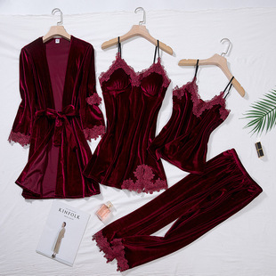 Golden Velvet Pajamas Women's Autumn and Winter Sexy Lace Nightgown with Chest Pad Sling Nightgown Four-piece Set Long-sleeved Home Clothes