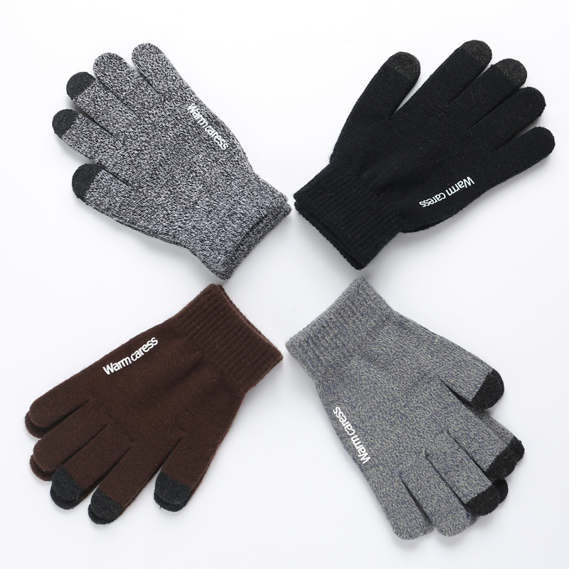 Manufacturers autumn and winter Korean-style knitted touch screen warm gloves for men and women couples wool plus velvet finger non-slip rubber gloves