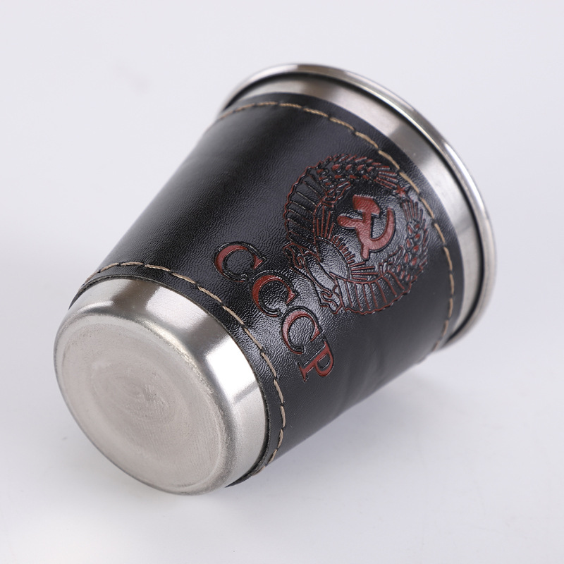 Factory supply 70 ml veneer stainless steel wine glass bag leather small wine glass metal wine small wine cup