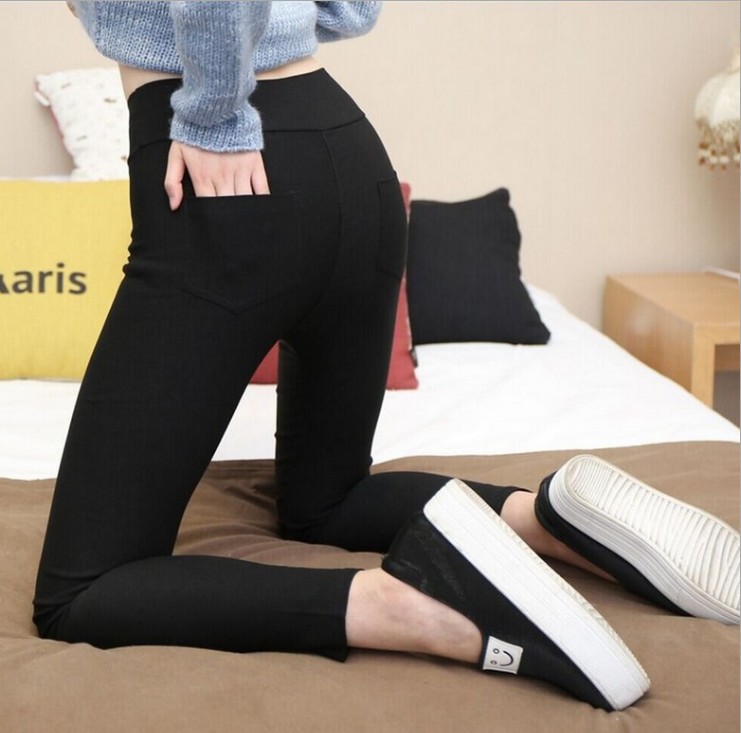 Spring Korean Woven High Waist Slim Pencil Pants Candy Color Back Pocket Ankle Leggings