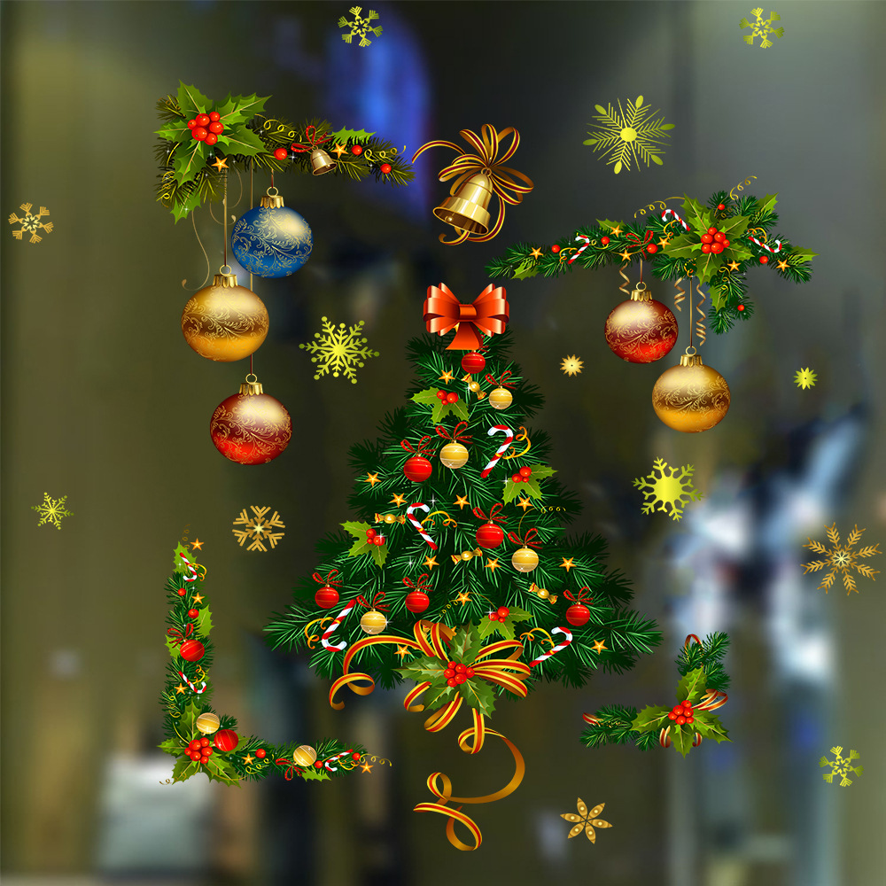 厂家货源圣诞节新款金色圣诞球圣诞树玻璃橱窗客厅卧室墙贴画SD-2