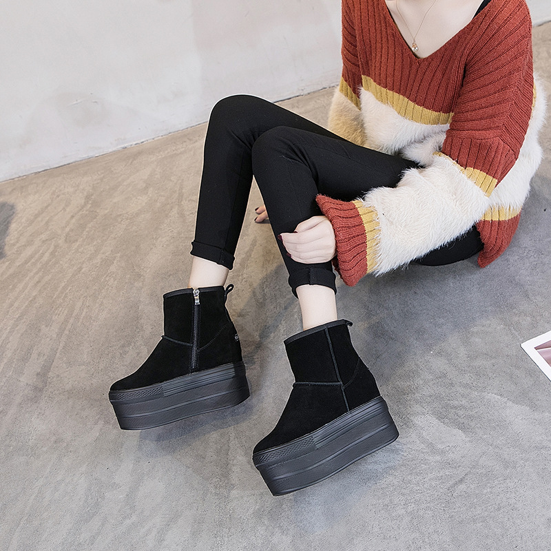 Snow Boots Women's 2023 New Inner Height Increasing Frosted Leather Snow Boots Platform with Thick Bottom Fleece-lined Warm Women's Ankle Boots Trendy