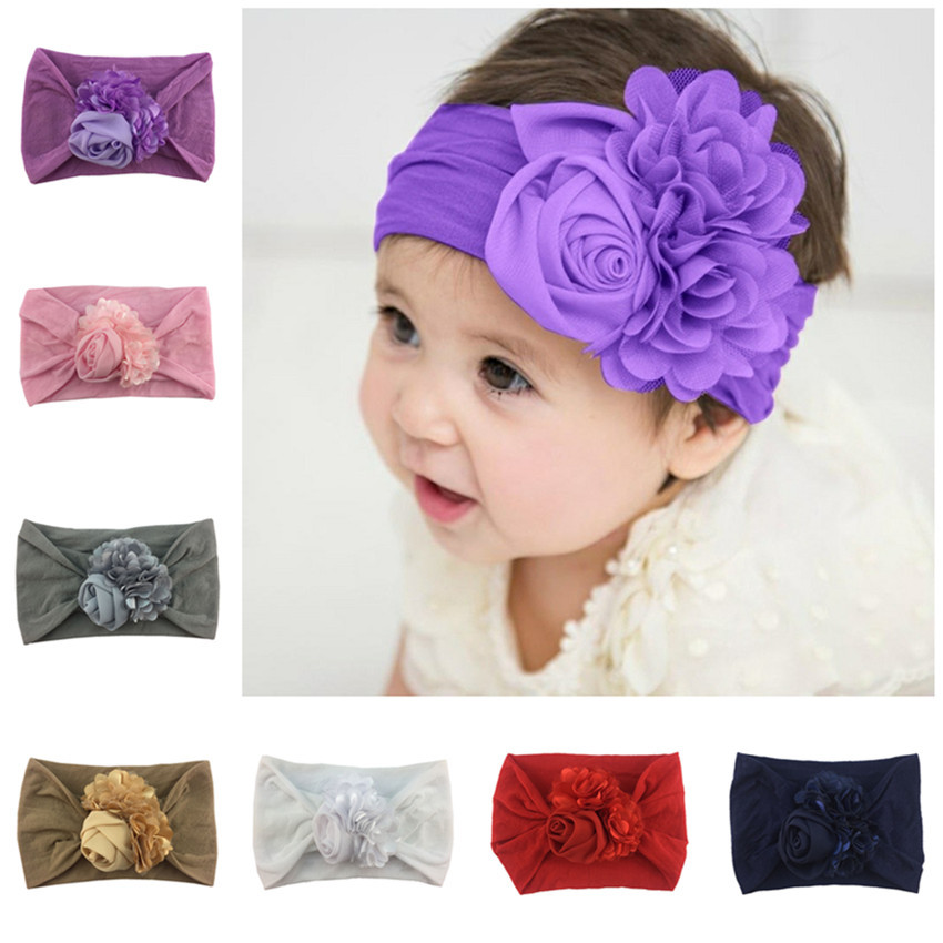 American hot sale soft nylon hair band chiffon flower wide headband fashion Children's combination headdress spot direct sale