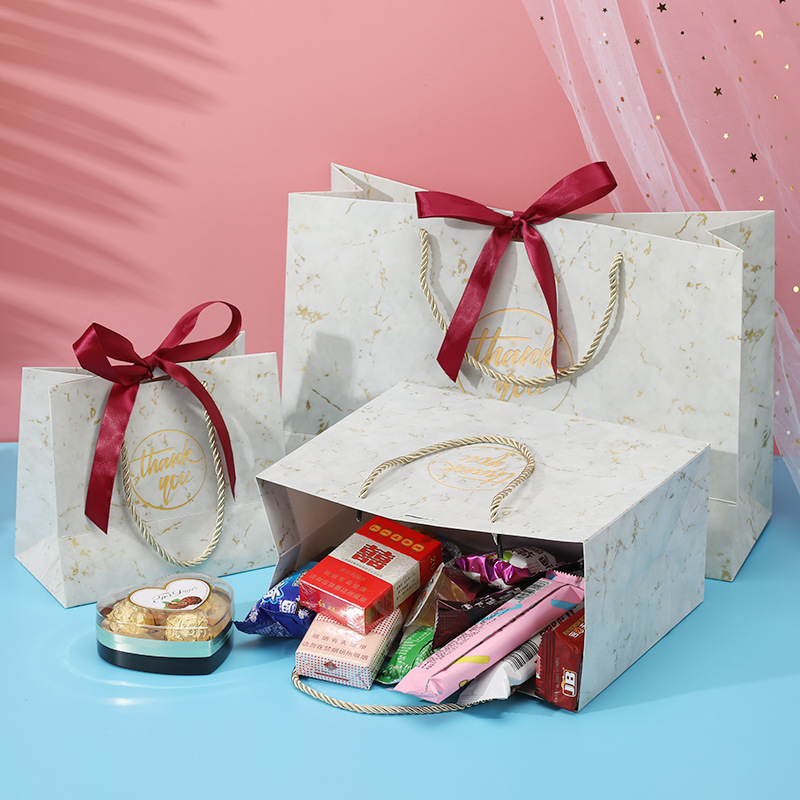 Marble Pattern Packaging Gift Bag Bow Business Gift Bag Wedding Candy Bag Clothing Store Paper Bag