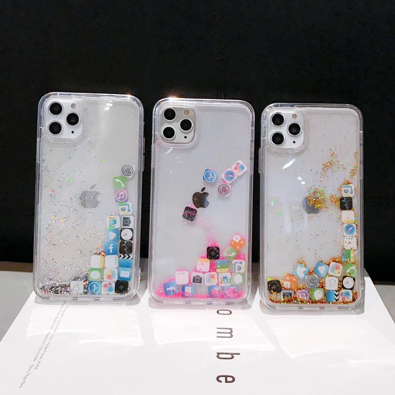 適用iPhone15ProMax手機殼 蘋果14創意APP圖標軟邊閃粉流沙殼13潮
