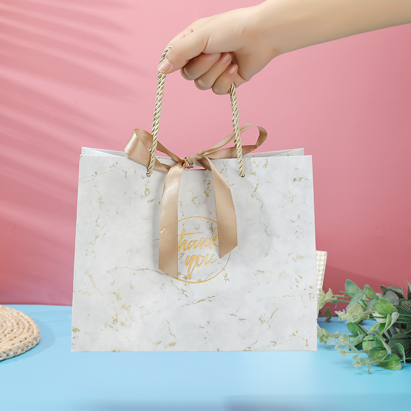 Marble Pattern Packaging Gift Bag Bow Business Gift Bag Wedding Candy Bag Clothing Store Paper Bag