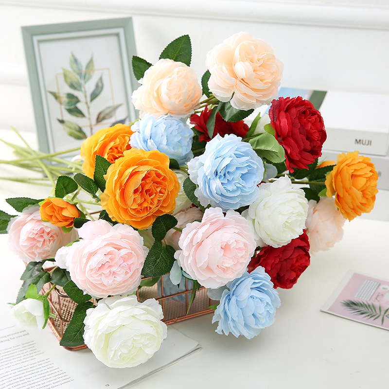 Duofu European three peony home display decorative flowers wedding series with grass Western rose peony flower