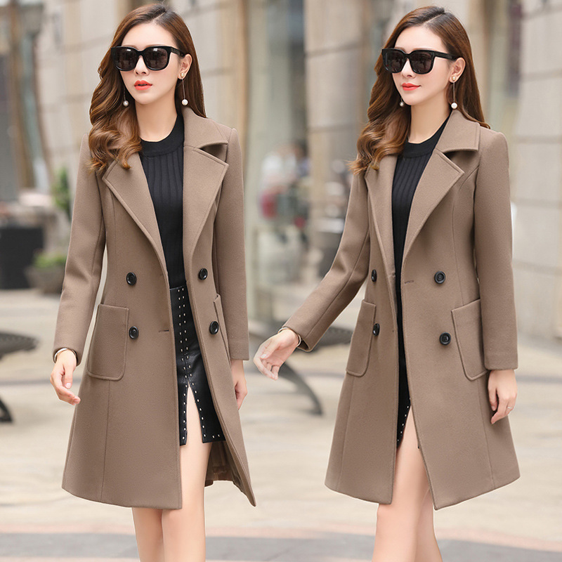 2021 New Winter Korean Style Slim-fit Slimming Fashionable Elegant Long Waist Woolen Coat Women's Woolen Coat