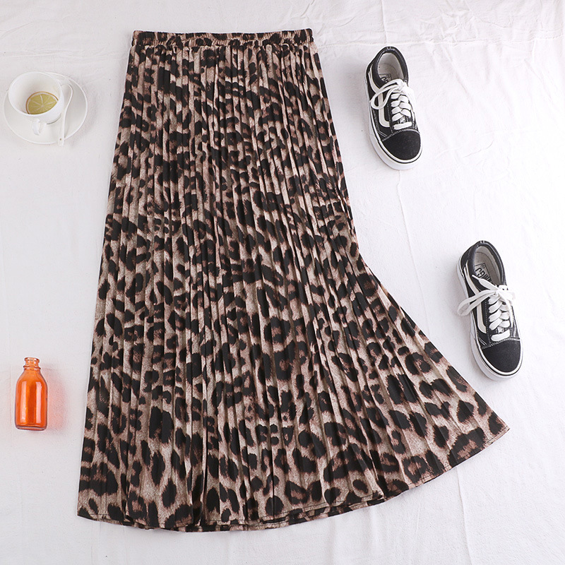 Leopard print pleated skirt 2024 New Korean style high waist slimming snake print mid-length skirt women's A- line skirt