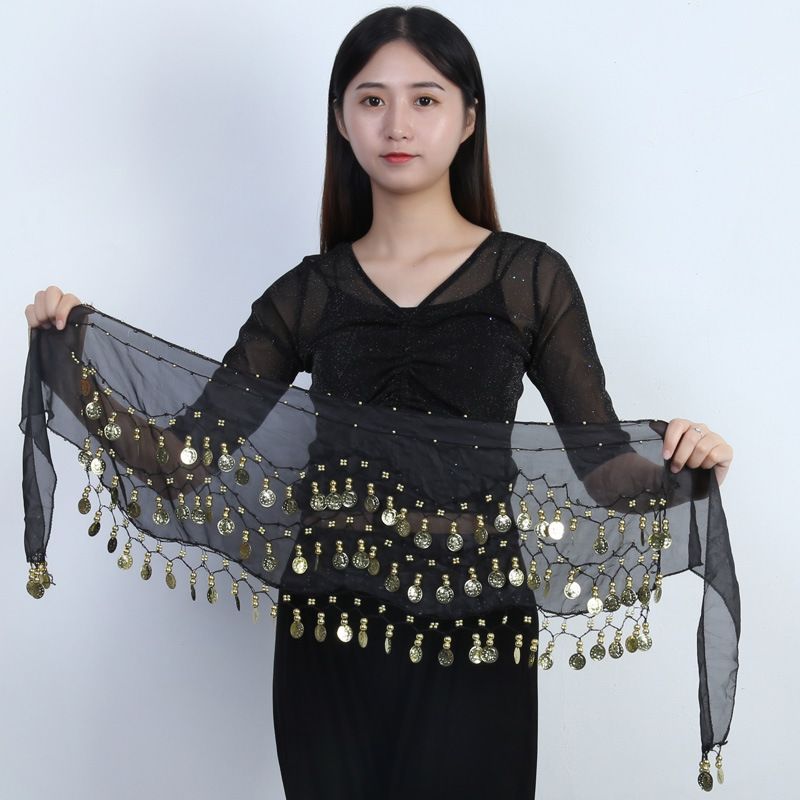 Spot wholesale belly dance waist chain 83 gold coin waist Indian dance three-layer chiffon belt hip towel accessories generation hair