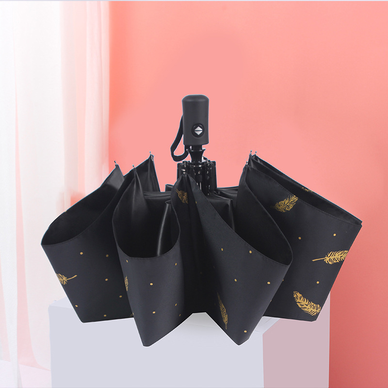 Gilding feather fresh three-fold automatic rain and rain dual-use umbrella female creative folding sun protection sun umbrella