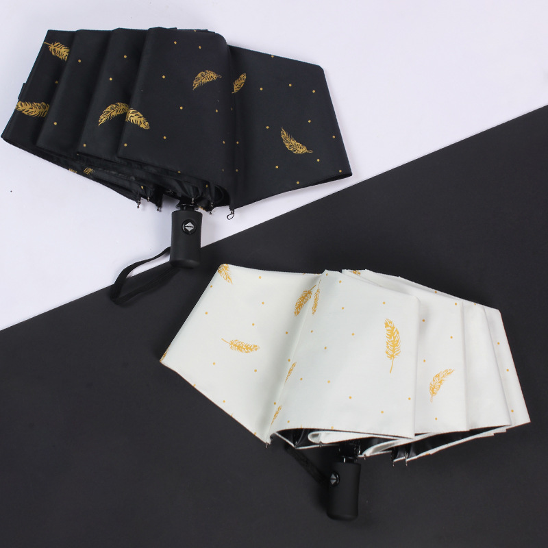 Gilding feather fresh three-fold automatic rain and rain dual-use umbrella female creative folding sun protection sun umbrella