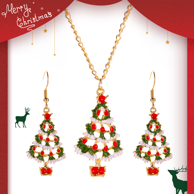 Christmas color cartoon jewelry cute dripping Christmas tree earrings necklace set Europe and the United States cross-border hot jewelry