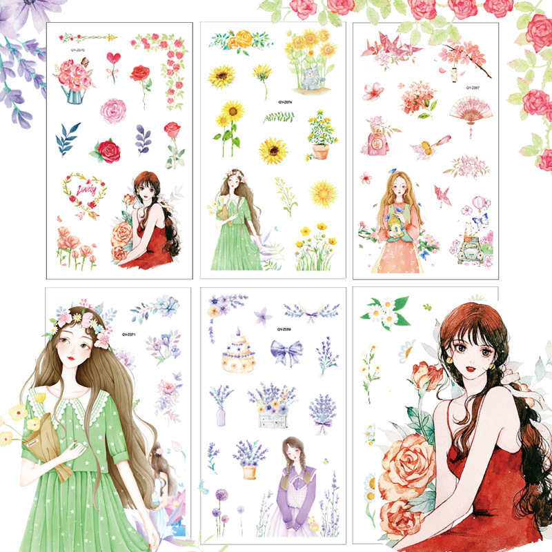 Hand-painted pastoral style girl transparent cartoon sticker hand account decoration DIY photo album PVC student sticker small sticker