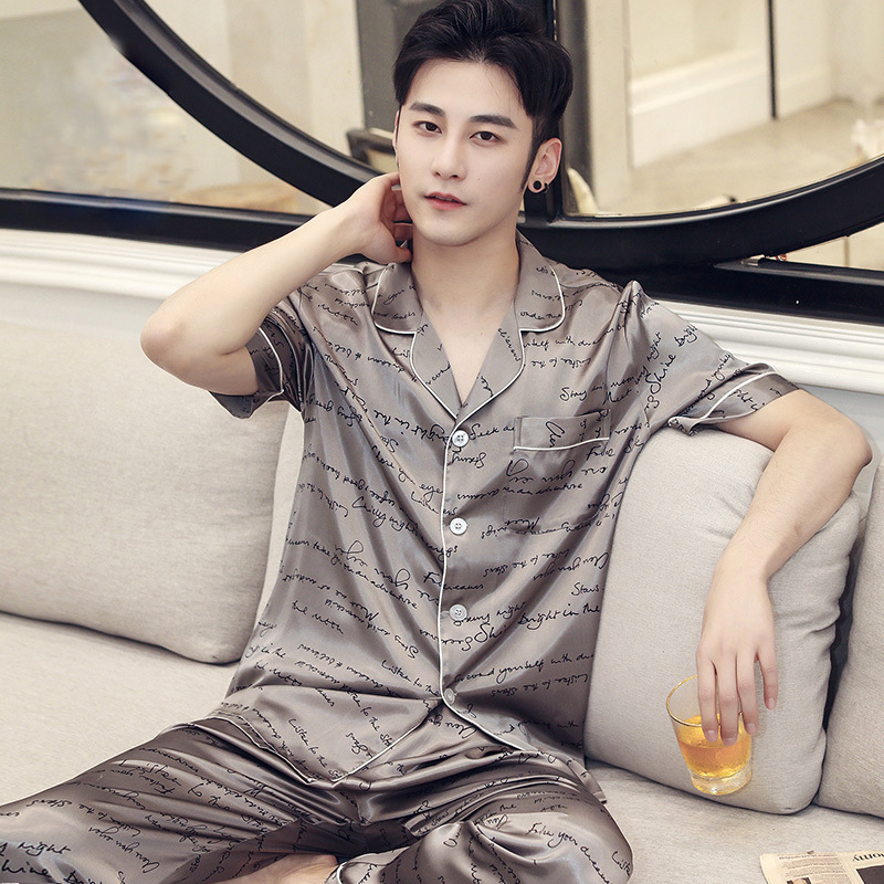 Pajamas Men's Spring and Autumn Long-sleeved Silk Simulation Youth Autumn and Winter Home Summer Ice Silk Thin Home Clothes Set