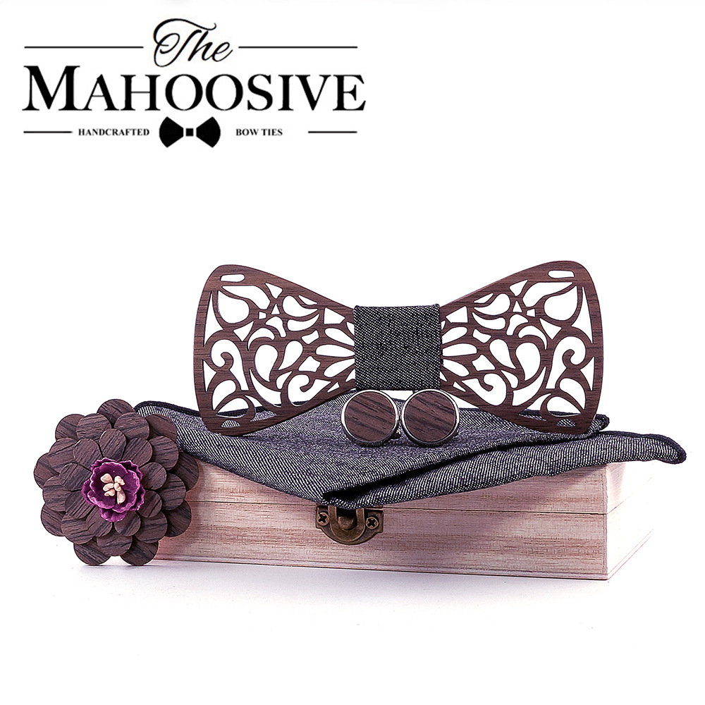 Factory direct Wooden handmade hollow wooden bow tie set cufflinks corsage square scarf tie set men's accessories