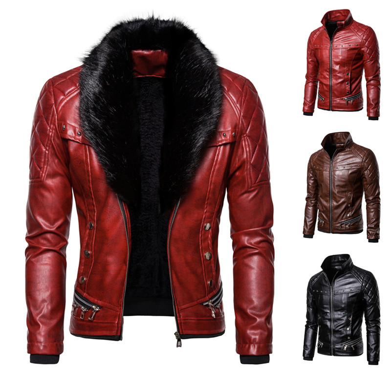 Amazon 2021 Men's Punk Detachable Fur Collar Rivet Presentation Cotton Thick Windproof Leather Motorcycle Jacket Coat Men