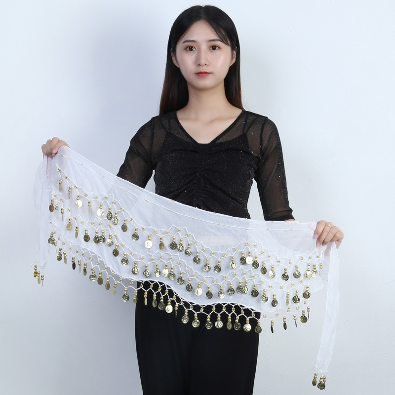 Spot wholesale belly dance waist chain 83 gold coin waist Indian dance three-layer chiffon belt hip towel accessories generation hair