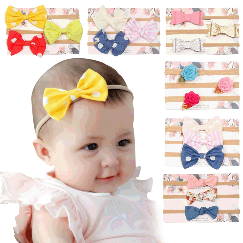80527 Bow Nylon Traceless Small Hair Band Sweet Baby Fabric Headwear Children's Hair Accessories Set 3 Piece Set