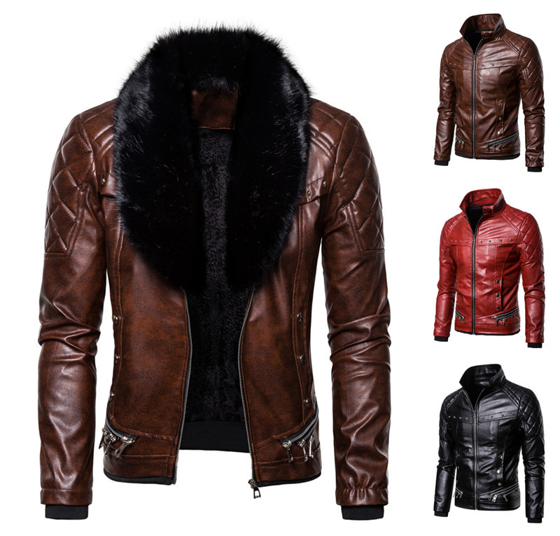 Amazon 2021 Men's Punk Detachable Fur Collar Rivet Presentation Cotton Thick Windproof Leather Motorcycle Jacket Coat Men