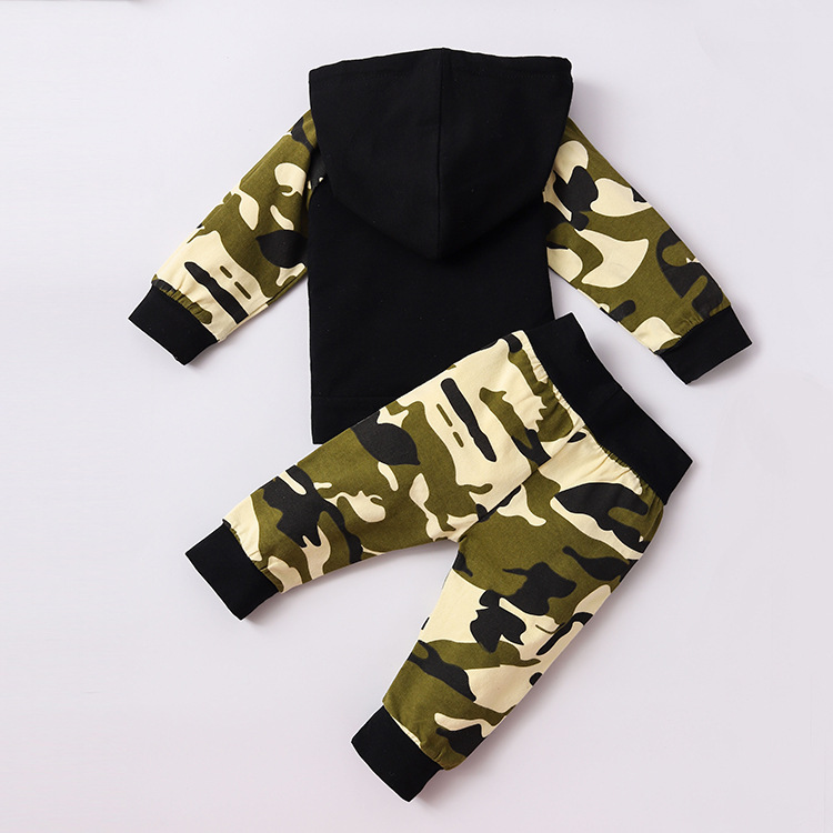 ins New Children's Clothing Boy's Army Green Camouflage Letter Printed Hat Sweatshirt Trousers Two-Piece Set