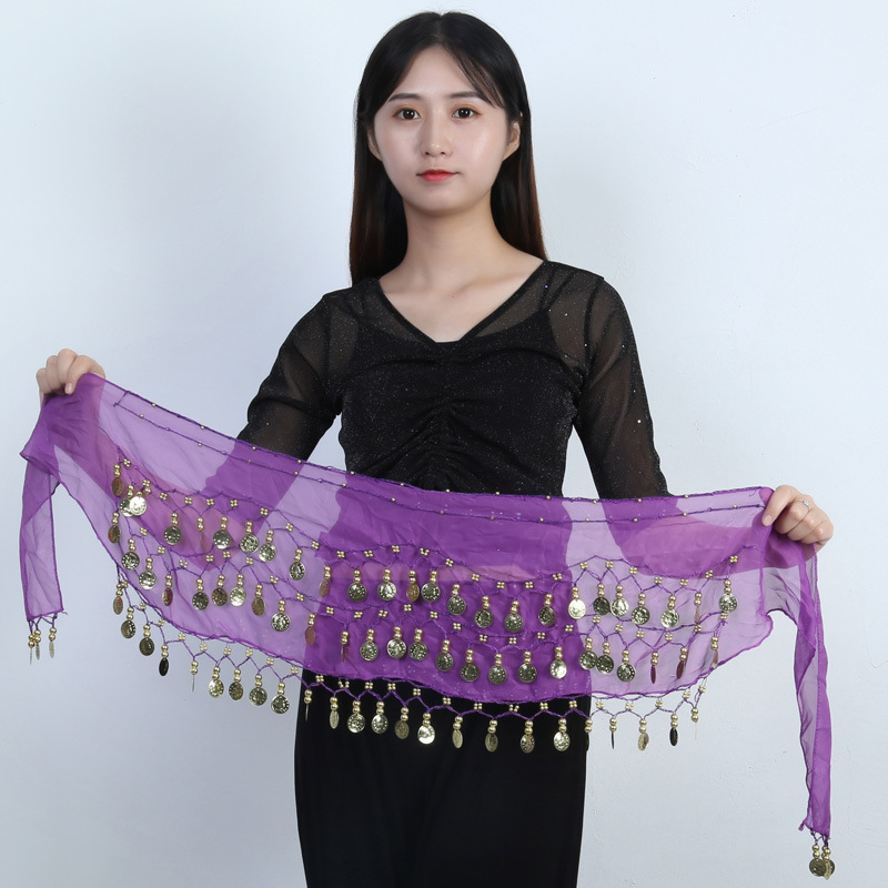 Spot wholesale belly dance waist chain 83 gold coin waist Indian dance three-layer chiffon belt hip towel accessories generation hair