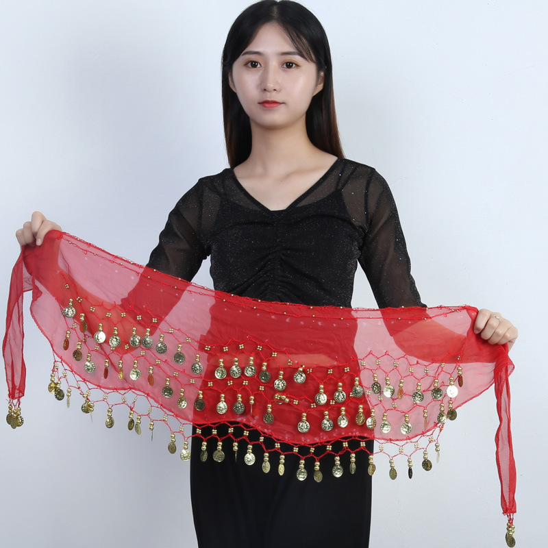 Spot wholesale belly dance waist chain 83 gold coin waist Indian dance three-layer chiffon belt hip towel accessories generation hair