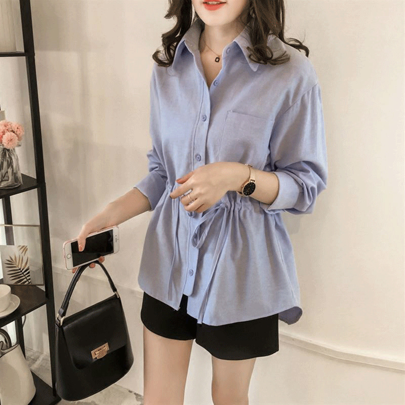 2023 Spring and Autumn Korean Style Large Size Cotton and Linen Shirt Drawstring Tight Waist Elegant Blue Lapel Casual Base Shirt for Women
