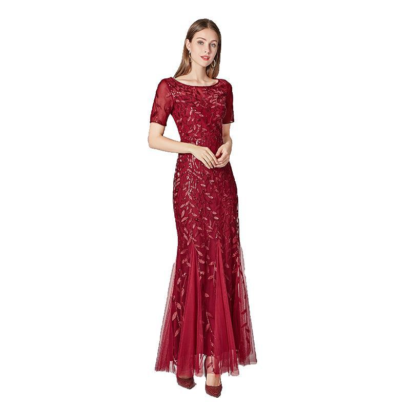 Spring and Summer cross-border 2024 banquet host European and American slim mesh sequined evening dress fishtail dress women