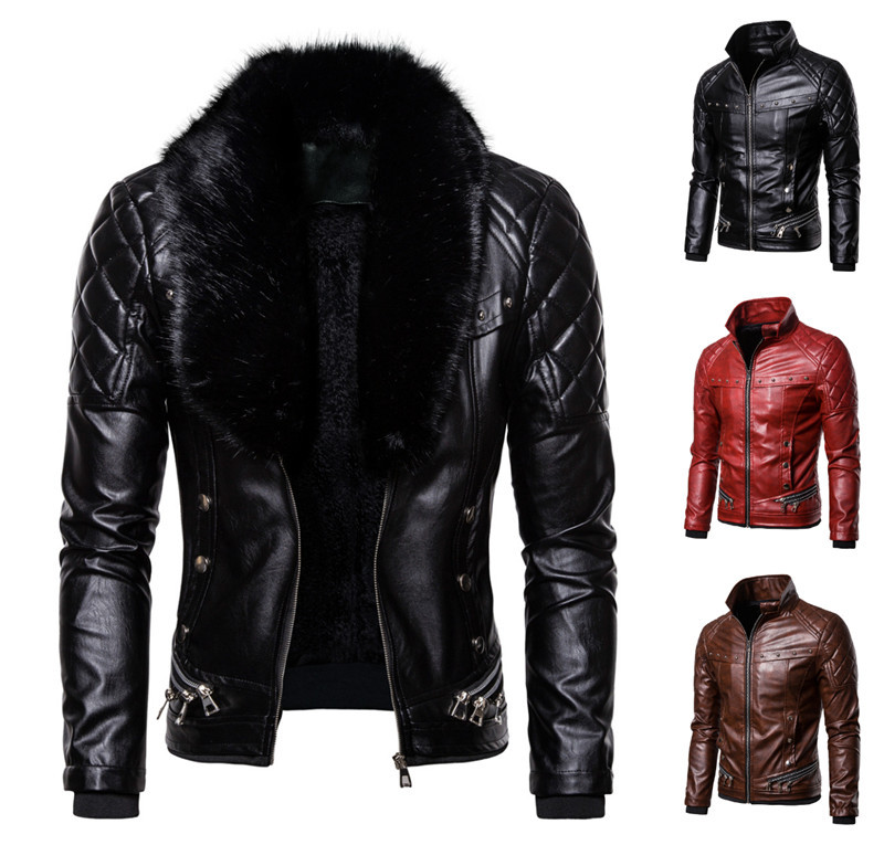 Amazon 2021 Men's Punk Detachable Fur Collar Rivet Presentation Cotton Thick Windproof Leather Motorcycle Jacket Coat Men