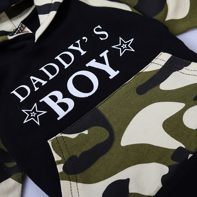 ins New Children's Clothing Boy's Army Green Camouflage Letter Printed Hat Sweatshirt Trousers Two-Piece Set