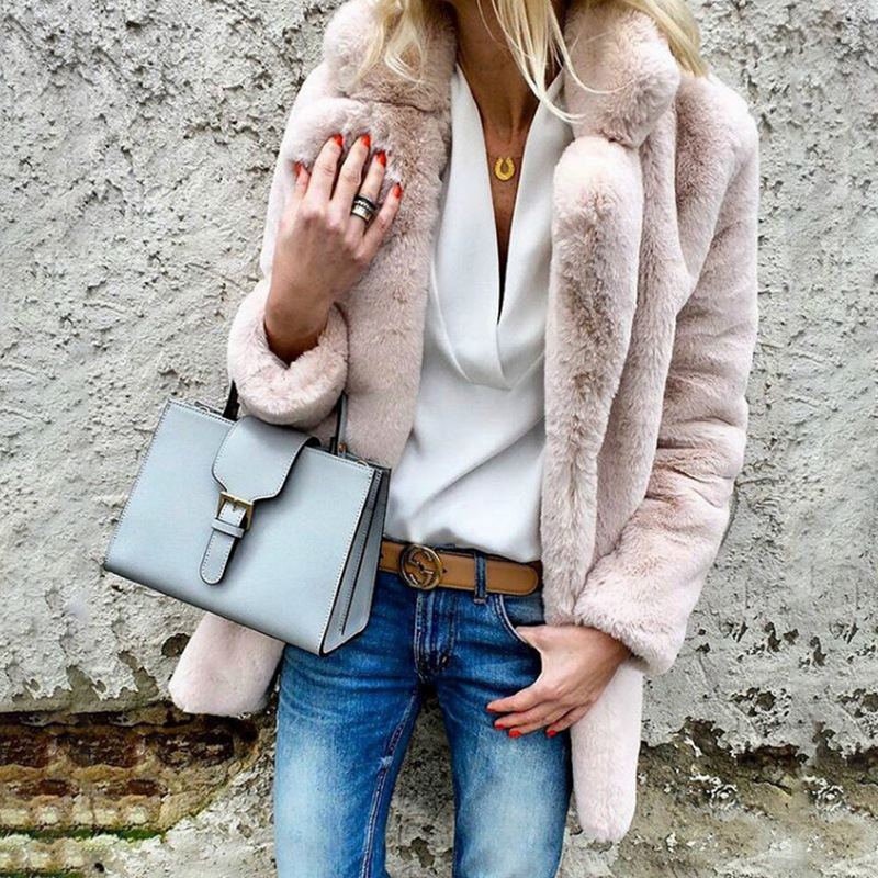 2023 autumn and winter new cross-border supply solid color long sleeve lapel women's plush coat Amazon hot sale