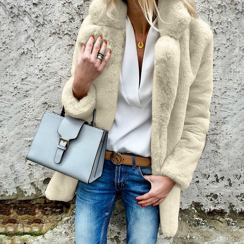 2023 autumn and winter new cross-border supply solid color long sleeve lapel women's plush coat Amazon hot sale