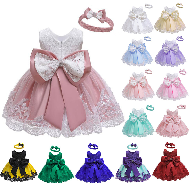 Amazon Explosions Baby One Hundred Days Old Dress Bow Hair Band Pouce Dress Lace Dress