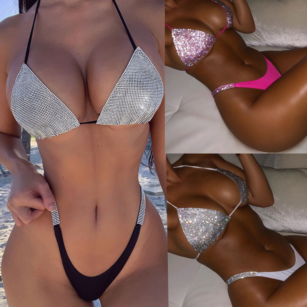 European and American foreign trade explosions solid color diamond bikini AliExpress Amazon best selling split swimsuit swimsuit 2020