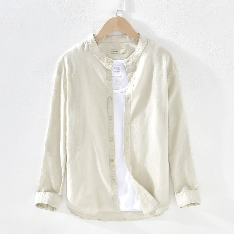603 basic casual linen shirt youth stand collar long sleeve loose breathable cotton and linen shirt men's one-piece delivery