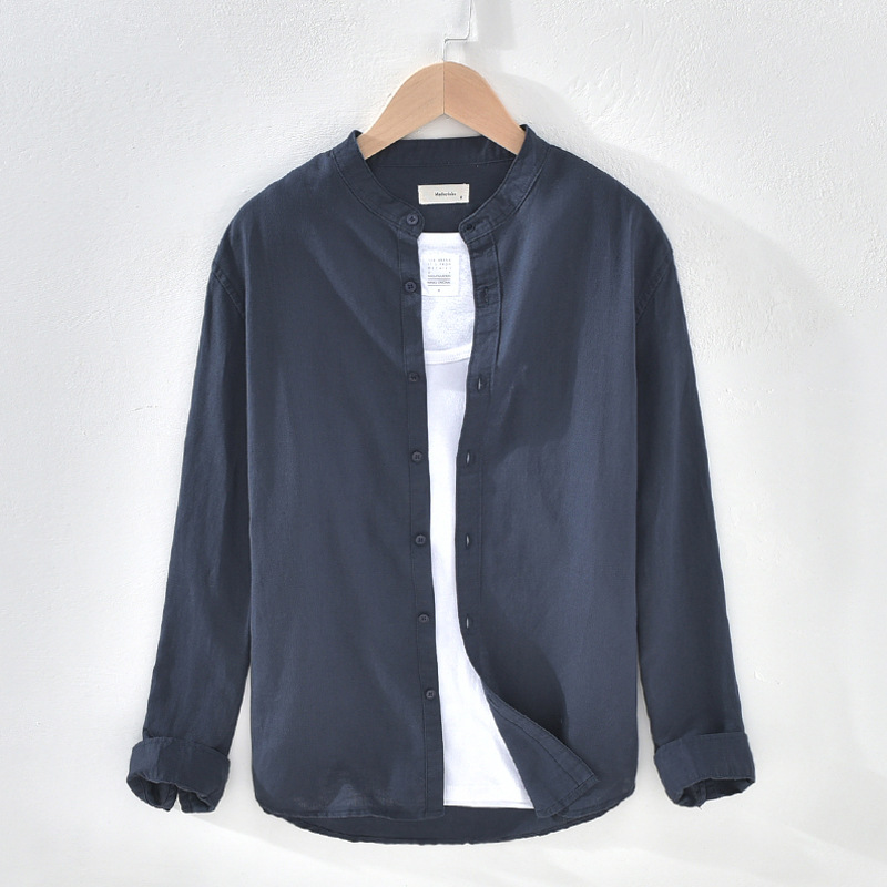 603 basic casual linen shirt youth stand collar long sleeve loose breathable cotton and linen shirt men's one-piece delivery