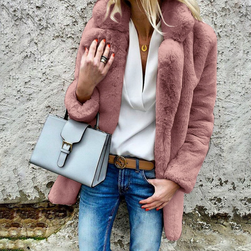 2023 autumn and winter new cross-border supply solid color long sleeve lapel women's plush coat Amazon hot sale