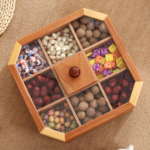 Wooden Household Divided Dried Fruit and Nut Box with Lid Wooden Jiugongge Candy Box Snacks Melon Sweets Snack Box