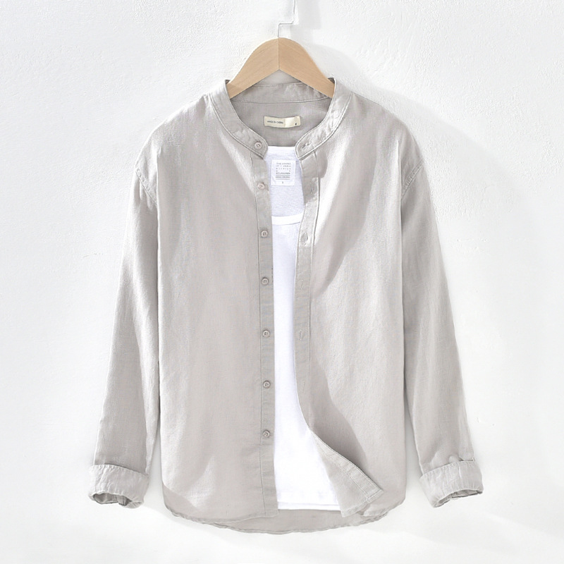 603 basic casual linen shirt youth stand collar long sleeve loose breathable cotton and linen shirt men's one-piece delivery